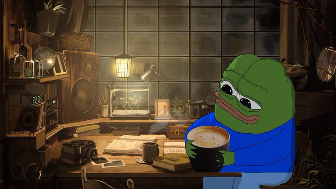 A sad-looking Pepe the Frog sits alone in a dimly lit, cozy room, holding a warm mug of coffee. The digital clock displays "2:00," fitting the post's message to stay safe during a volatile and unsettling week ahead.