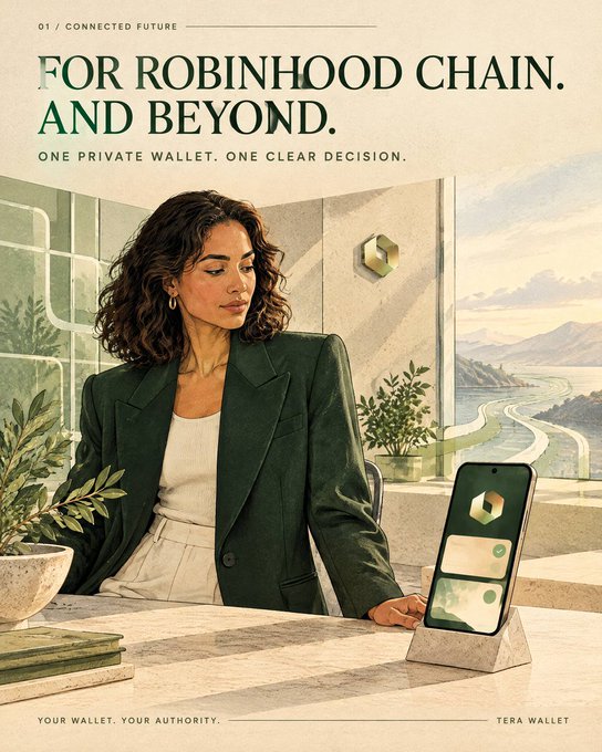 A vintage-style advertisement for 'TERA WALLET' promoting 'FOR ROBINHOOD CHAIN. AND BEYOND.' with the tagline 'ONE PRIVATE WALLET. ONE CLEAR DECISION.', showing a woman in a green blazer at a desk with a smartphone displaying the wallet app.