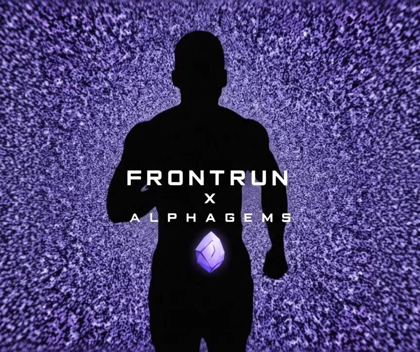 The image features a man's silhouette against purple background with white text that reads "Frontrun x Alphagems". The man appears to be running or jogging, as indicated by his position in front of the purple background.