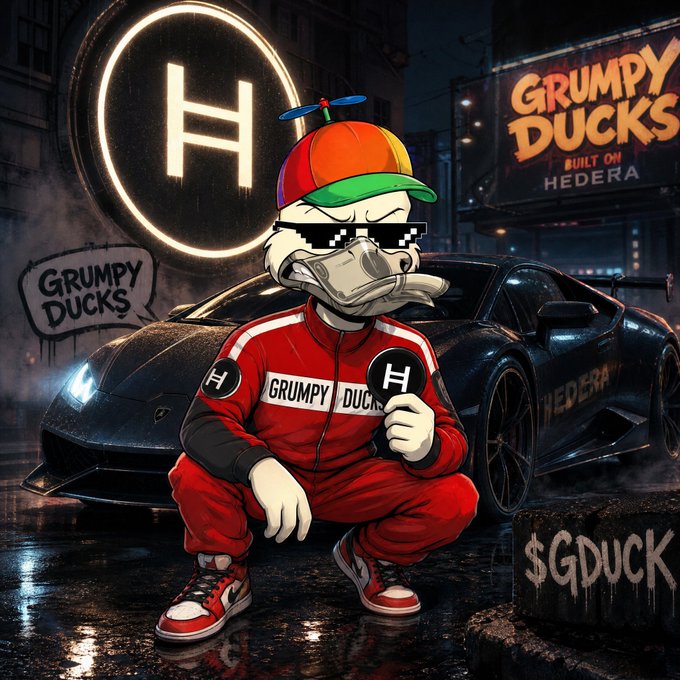 Digital artwork features an anthropomorphic duck character wearing a propeller hat, pixelated sunglasses, and a red tracksuit, crouching next to a sports car. Visible text includes 'GRUMPY DUCKS BUILT ON HEDERA', 'HEDERA', and '$GDUCK'.