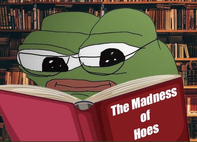The image shows Pepe the Frog meme reading a book titled "The Madness of Hoes" in a library setting, humorously symbolizing deep research or scrutiny into questionable decisions—relating to the post's message about $PUNK where the creator is foregoing "free money" from creator fees by airdropping or buying back tokens instead.