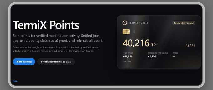 A promotional graphic for 'TermiX Points' showing a card-style UI with a balance of 40,216 TP, plus buttons for 'Start earning' and 'Invite and earn up to 20%'.