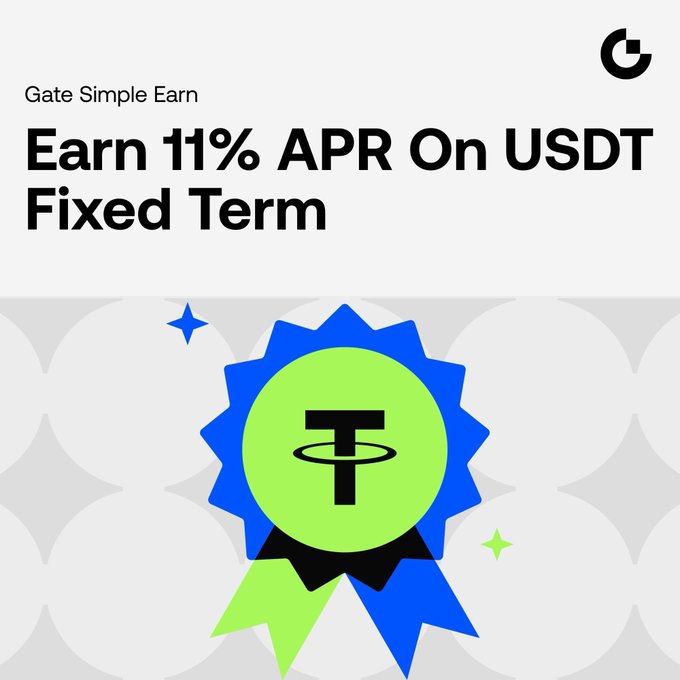 Gate Simple Earn promotion offering 11% APR on USDT 7-Day Fixed Term, with a blue and green ribbon badge featuring the Tether (₮) logo.