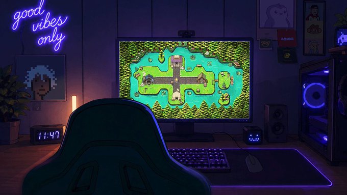 An illustration of a gamer's setup with a monitor displaying a retro-style top-down game, accompanied by a 'good vibes only' neon sign and other gaming peripherals.