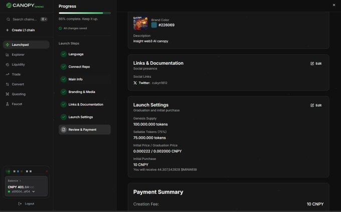 Screenshot of the Canopy launchpad interface showing 88% complete progress for creating an L1 chain named 'canopy' with brand color #26069. Launch settings display a 100,000,000 genesis supply and 75% sellable tokens, with a creation fee of 10 CNPY.