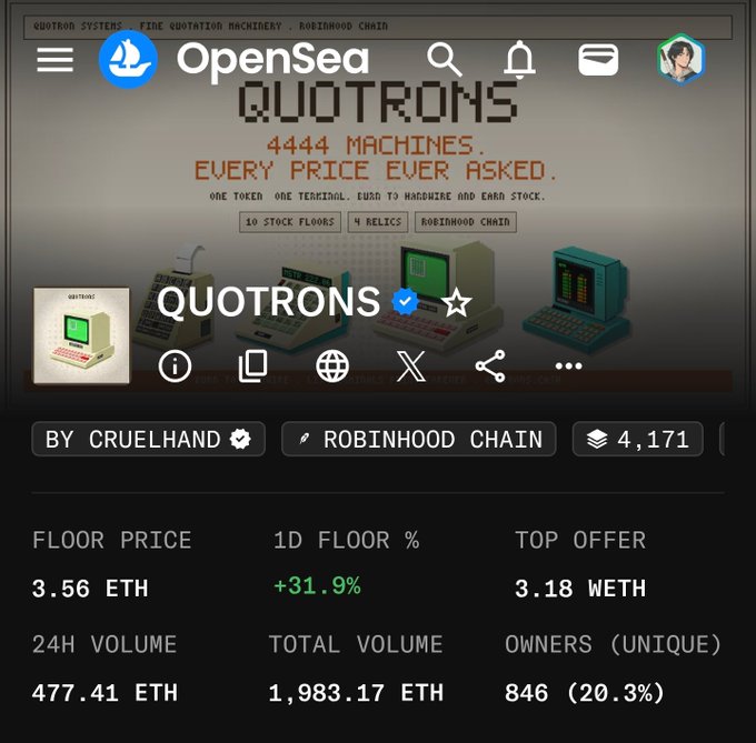 An OpenSea NFT collection page displays 'QUOTRONS' by Cruelhand on the Robinhood Chain, showing a floor price of 3.56 ETH, top offer of 3.18 WETH, and a 1D floor change of +31.9%.