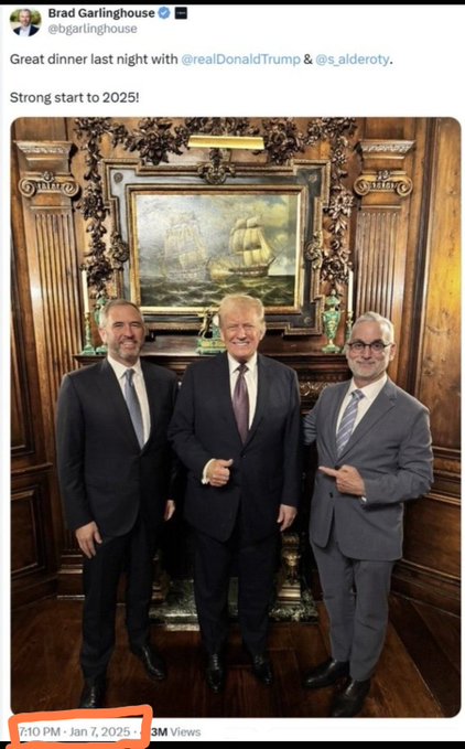 A tweet by Brad Garlinghouse (@bgarlinghouse) dated January 7, 2025 reads "Great dinner last night with @realDonaldTrump & @s_aldroty. Strong start to 2025!" alongside a photo of Garlinghouse, Donald Trump, and another man posing in front of a framed ship painting. The "#XRP #Ripple" hashtag suggests the post relates to the XRP cryptocurrency and Ripple Labs, likely celebrating Garlinghouse's meeting with Trump as positive for the crypto/Ripple community.