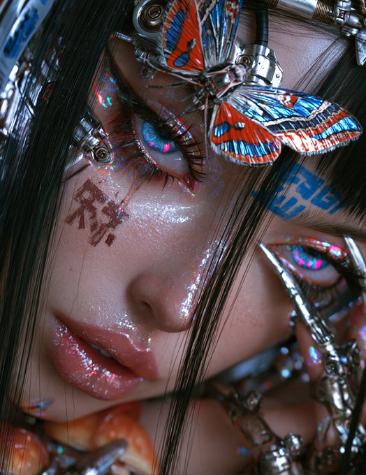A close-up digital art portrait of a woman features intricate cybernetic details, a butterfly on her forehead, and text markings on her face.