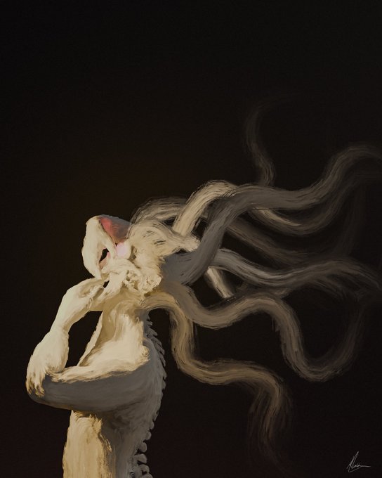 A digital painting depicting a skeletal figure with glowing red eyes and flowing, ethereal dark hair set against a black background.