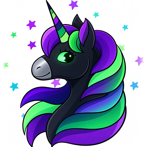A cartoon-style illustration of a black unicorn head with a purple and green mane, surrounded by colorful stars on a white background.