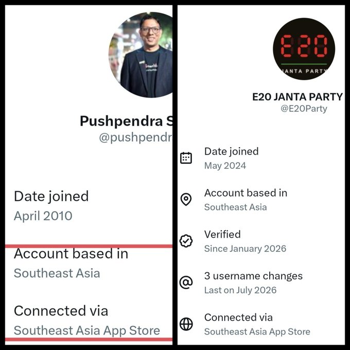 The image shows two X/Twitter profile screenshots side by side: "Pushpendra S" (@pushpendr...) joined in April 2010 and based in Southeast Asia, and "E20 JANTA PARTY" (@E20Party) joined in May 2024 and verified since January 2026—both connected via the Southeast Asia App Store, with the matching location highlighted in red to suggest the parody account P20 Janta Party is tied to the same person.