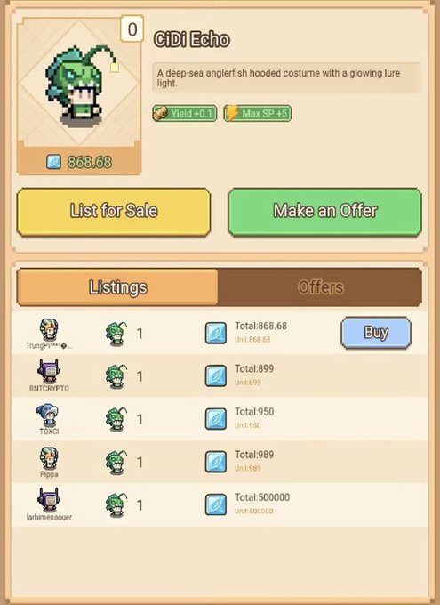 In-game marketplace listing for a 'CiDi Echo' deep-sea anglerfish hooded costume priced at 868.68, showing active listings from various players.