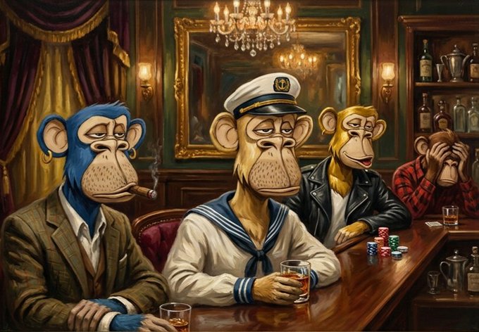 A whimsical painting of anthropomorphic apes in a vintage bar setting, featuring a sailor ape, a suited ape with a cigar, and others around poker chips and whiskey glasses.