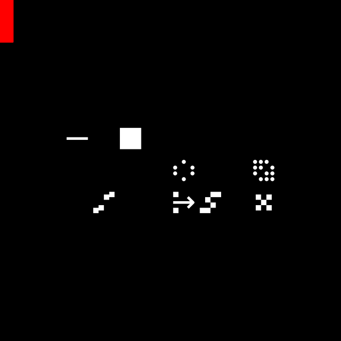 A pixel-art animation sequence on a black background featuring a white square, dotted patterns, and arrow/chevron shapes, with a red bar in the top-left corner—representing the token ID "161803" from the generative NFT series "PXL" by Kim Asendorf, sold for 0.8 ETH on OpenSea.