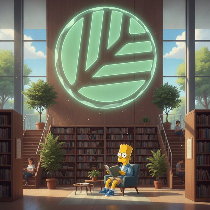 Bart Simpson sits in an armchair reading a book in a library, beneath a large glowing green circular logo on the wall, with large windows showing trees outside.