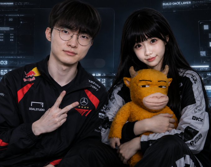 Promotional photo of two esports players, one in a Red Bull/T1 jersey and a woman in white, holding a small orange monster plush, with 'BUILD ON X LAYER' and 'GOALSTUDIO' text visible.