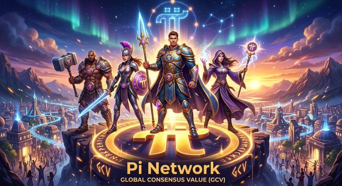 A fantasy-style digital illustration promotes 'Pi Network - Global Consensus Value (GCV)' with four armored heroes holding Pi symbols and weapons standing on a golden platform under an aurora-filled sky.