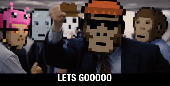Meme image showing several men in suits with pixelated CryptoPunk-style heads, one raising a fist, with the caption 'LETS GOOOOO' at the bottom.