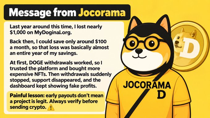 An infographic with a yellow background titled 'Message from Jocorama' featuring a cartoon Shiba Inu in a yellow shirt, warning about losing $1,000 on MyDoginal.org and advising to verify before sending crypto.