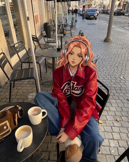 An anime-style illustration of a girl with orange hair and headphones sitting at a café table with two coffee mugs, wearing a red varsity jacket with 'Cortland' written on it.