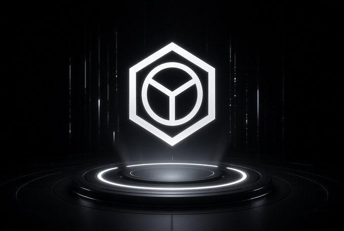 A dark, futuristic 3D render featuring a glowing white hexagonal logo with a geometric symbol inside, hovering over an illuminated circular platform.