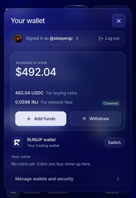 A crypto wallet interface showing 'Your wallet' signed in as '@sleeperqp' with $492.04 USDC available to trade on the RUNUP wallet.