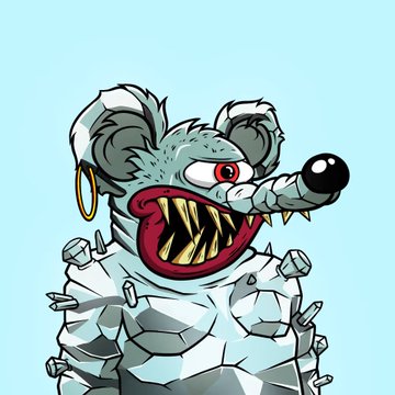 A cartoon drawing of a monstrous rat with gray fur, sharp yellow teeth, red eyes, a gold hoop earring, and white spiky armor on its torso against a light blue background.