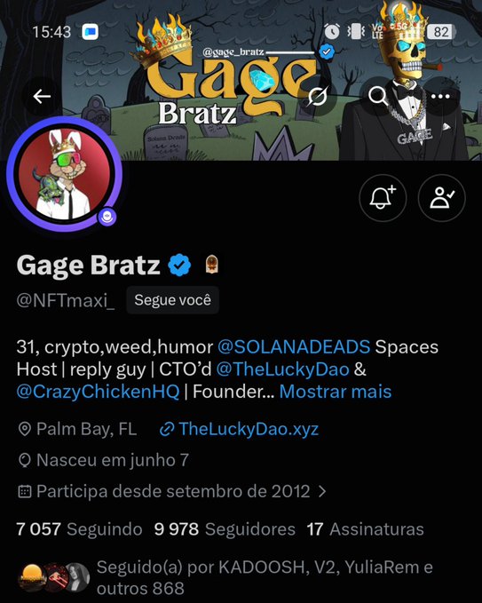 An X (Twitter) profile page for 'Gage Bratz' (@NFTmaxi_) showing his NFT avatar, bio mentioning 'SOLANADEADS Spaces' and 'TheLuckyDao', with 7,057 Following and 9,978 Followers.