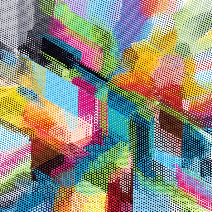 A vibrant, abstract pop-art composition featuring bold geometric shapes and a black halftone dot pattern overlaid on bright, saturated colors including pink, yellow, blue, green, and orange.