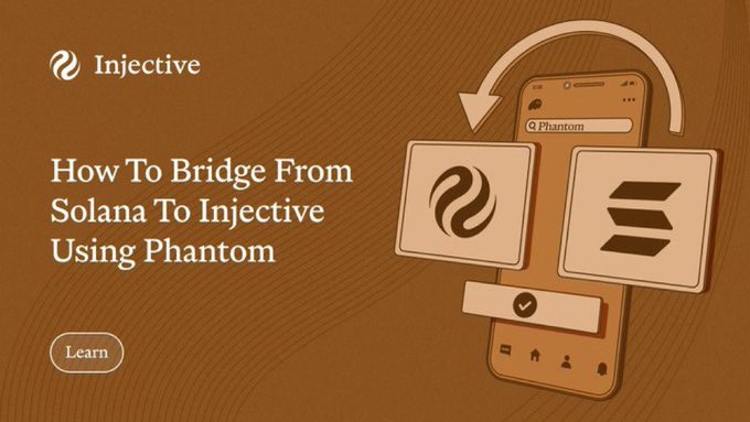 A promotional graphic for Injective with the headline 'How To Bridge From Solana To Injective Using Phantom,' showing an illustration of a smartphone with Phantom wallet interface.