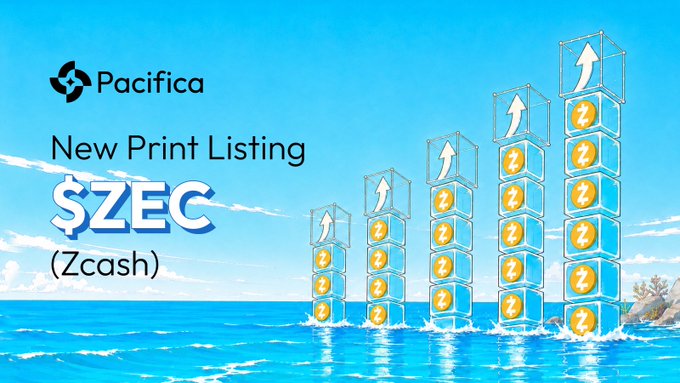 Promotional graphic for Pacifica announcing a "New Print Listing" for "$ZEC (Zcash)", featuring stacks of Zcash-branded coins rising out of the ocean.
