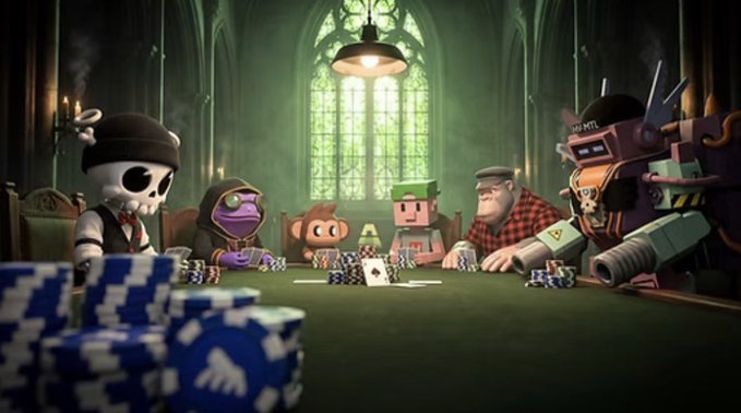 A 3D animated scene showing various cartoon characters, including a skeleton, a purple creature, a small demon, and a lumberjack, sitting around a poker table with chips and cards in a gothic-style room with stained glass windows.