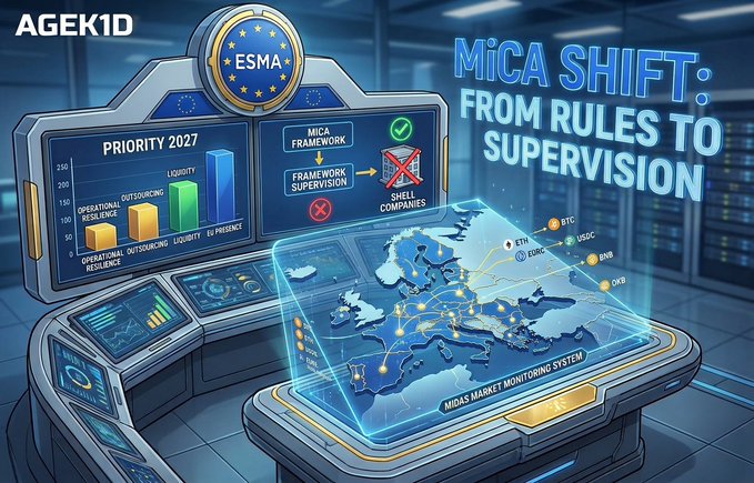 A futuristic infographic titled "MiCA SHIFT: FROM RULES TO SUPERVISION" by "AGEK1D" features an ESMA logo, priority charts, and a European map displaying a "MIDAS MARKET MONITORING SYSTEM."