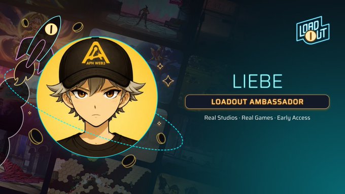 A Loadout game ambassador card featuring an anime-style character 'LIEBE' as Loadout Ambassador with tags 'Real Studios · Real Games · Early Access' and an 'AFM WEB3' cap.