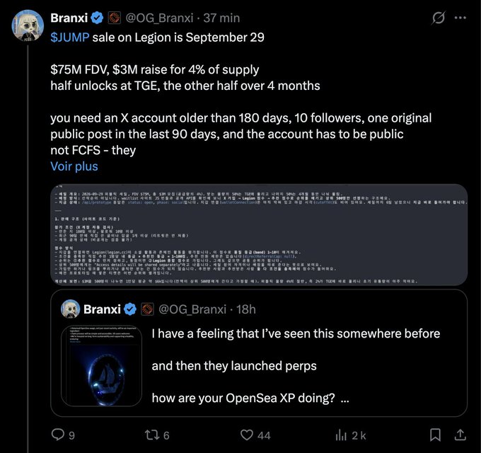 A tweet from Branxi (@OG_Branxi) about a $JUMP token sale on Legion, with $75M FDV, $3M raise for 4% of supply, and allocation requirements including an X account older than 180 days.