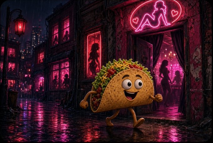 A whimsical digital artwork of an animated taco character walking down a neon-lit rainy city street, with a pink neon sign depicting a figure above a club entrance.