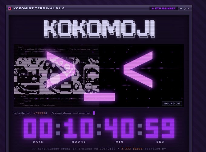 A retro-styled terminal interface titled 'KOKOMINT TERMINAL V1.0' displays a countdown timer of 00:10:40:59 for a mint event, showing 3,333 faces standing by on the ETH mainnet.