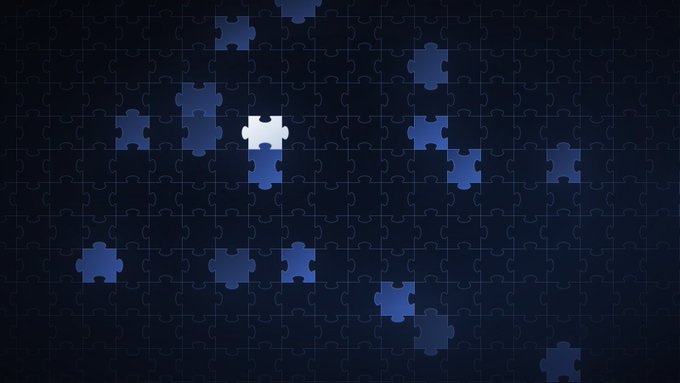 A digital puzzle background featuring dark blue interlocking puzzle pieces with one white piece highlighted near the center.