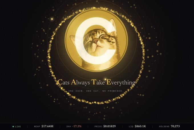 A promotional graphic for the meme coin $CATE features a content cat face framed by a glowing gold ring and coin, with the tagline "Cats Always Take Everything" and "ONE COIN, ONE CAT, NO PROMISES," along with live stats showing a market cap of $17.64M, price $0.01829, 24H down 17.3%, liquidity $860.1K, and 70,273 holders. The post suggests that the project's visible marketing effort—symbolized by the polished, hype-driven imagery—indicates the team is unlikely to abandon $CATE, arguing this won't be their "bragging rights in the trenches."
