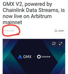 A social media post announces 'GMX V2, powered by Chainlink Data Streams, is now live on Arbitrum mainnet' with a date of 21.02.2025.