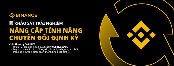 A Binance promotional banner in Vietnamese ('KHẢO SÁT TRẢI NGHIỆM NÂNG CẤP TÍNH NĂNG CHUYỂN ĐỔI ĐỊNH KỲ') advertising a survey reward of 200 USDT with details about gift card payouts.