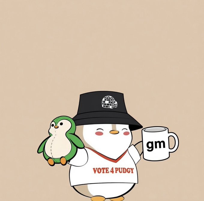 A cartoon penguin character wearing a black hat and a shirt reading 'VOTE 4 PUDGY' holds a small green penguin and a mug labeled 'gm'.