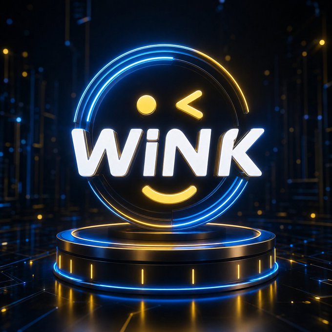 The image displays the stylized "WINk" logo with a winking emoji face, rendered in vibrant neon blue and yellow on a circular metallic podium against a dark, futuristic backdrop. The futuristic digital aesthetic and glowing tech-inspired design reinforce the post's message about WINkLink's role in building infrastructure for decentralized Web3 ecosystems.