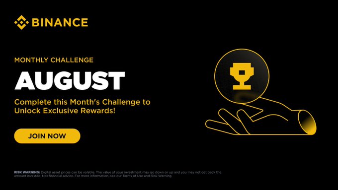 A Binance promotional banner advertises the August Monthly Challenge, inviting users to "Join Now" to unlock exclusive rewards, visually represented by a golden trophy held in an outlined hand against a black background, with a risk warning at the bottom. The accompanying post reinforces this by highlighting the $100,000 token voucher prize pool for completing the challenge.