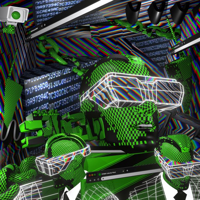 A vibrant digital artwork features 3D figures with green checkered textures wearing futuristic wireframe VR glasses, set against a glitchy background of code windows and chromatic distortion.