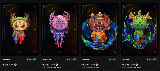 NFT collection listing showing four creature cards with prices in ETH, including items #17704, #25029, #18042, and #72542, with the #18042 card marked as sold.
