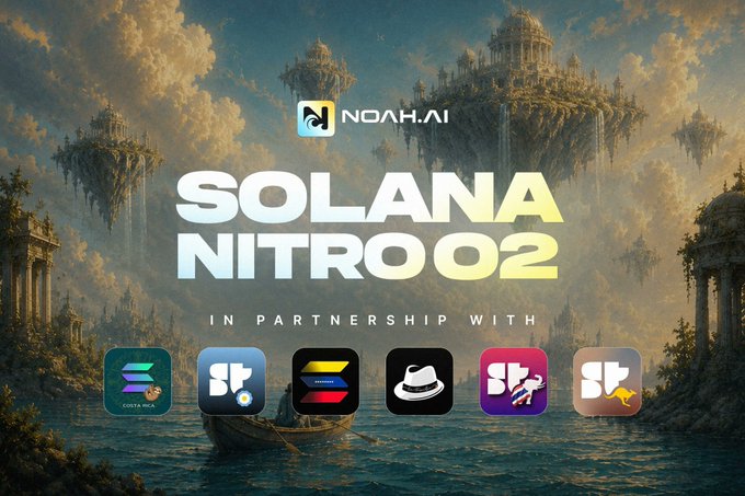 Promotional graphic for "NOAH.AI SOLANA NITRO 02," featuring a fantastical floating-castle backdrop and partner logos including Solana, Superteam TH, Superteam AR, Superteam AU, Solana Venezuela, La Familia, and Solana Costa Rica, advertising a hackathon for building global products from local problems.