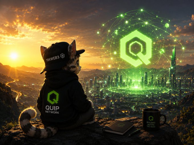 The image features a cat sitting on a rock, looking out at a city skyline with buildings of various sizes. The cat appears to be wearing a black jacket with "quip network" written on it. In front of the cat, there is a book and a coffee cup placed on the ground. The background shows an orange sky with clouds, creating a warm and inviting atmosphere for the scene.