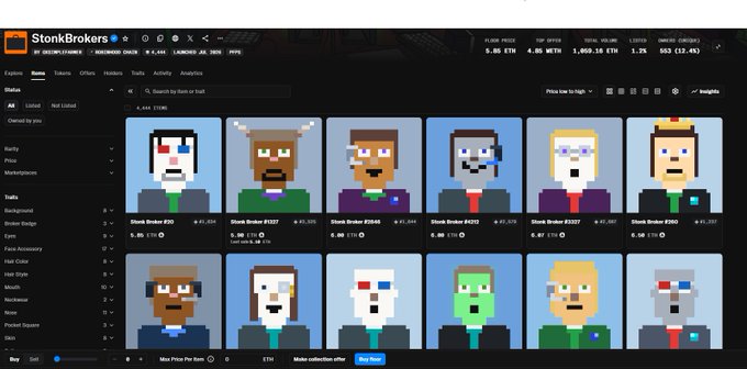 A screenshot of the StonkBrokers NFT marketplace on Robinhood Chain displaying pixel-art character collectibles, showing floor price metrics and a grid of tradable avatar items with various traits.