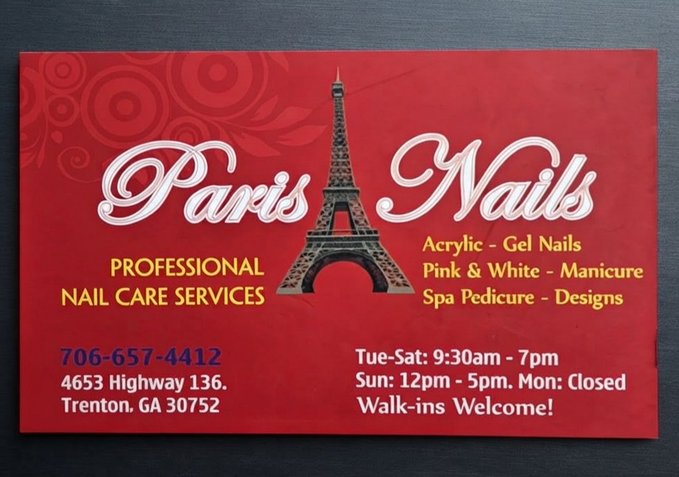 A red business card for 'Paris Nails' featuring the Eiffel Tower graphic, advertising professional nail care services including Acrylic, Gel Nails, Manicure, and Spa Pedicure, with phone 706-657-4412 and address in Trenton, GA.
